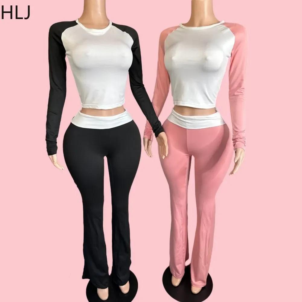 

HLJ&GG Casual Patchwork Sporty Two Piece Sets Women O Neck Long Sleeve Top+Skinny Flare Pants Outfits Spring New 2pcs Clothing