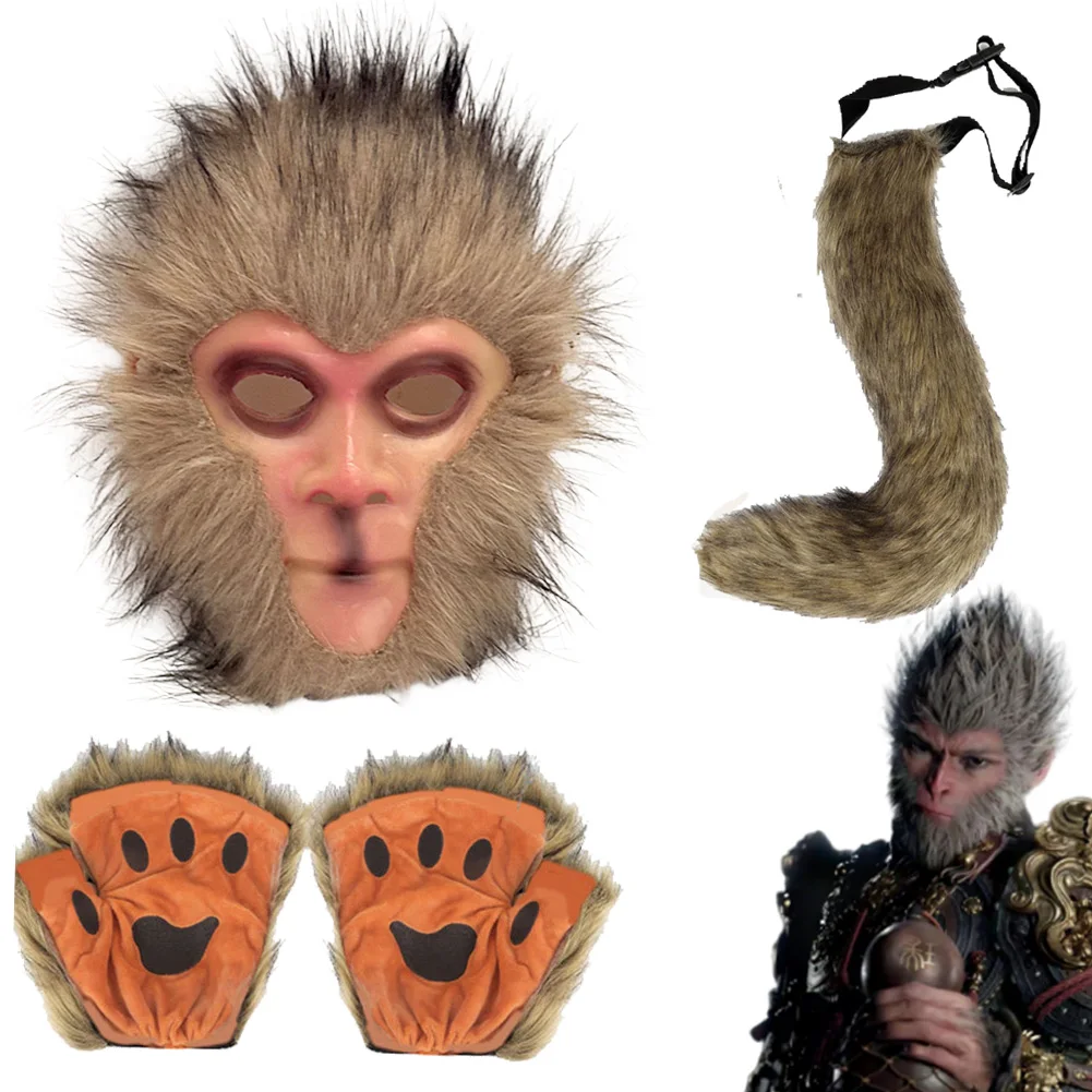 

Игра черный цвет, миф Wukong, аксессуар для косплея, маска, перчатки, хвост, трехсекционный комплект одежды для лица с героями мультфильмов «Король обезьян» на Хэллоуин, реквизит