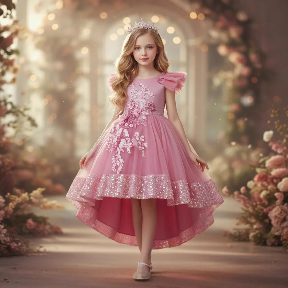 

Girls Birthday Party Dress With Bubble Sleeve, Floral Sequin Puff Princess Gown Embroidered Floral Hem Girl Prom Evening Dress
