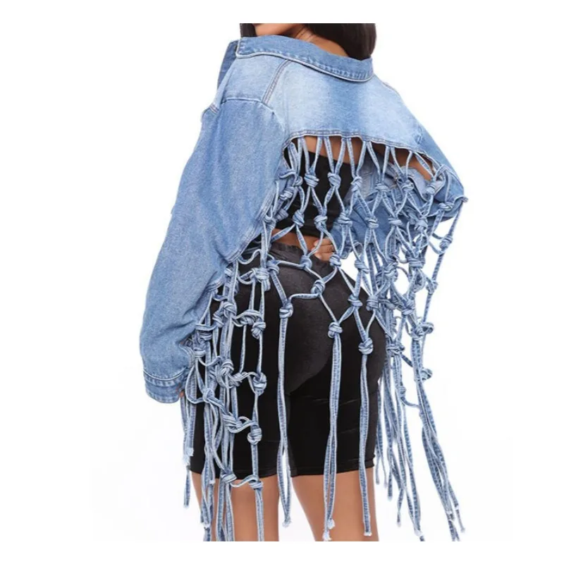 

Джинсовое пальто с вязаным поясом для женщин, новый стиль, бестселлер, синяя стираная куртка, свободный джинсовый топ