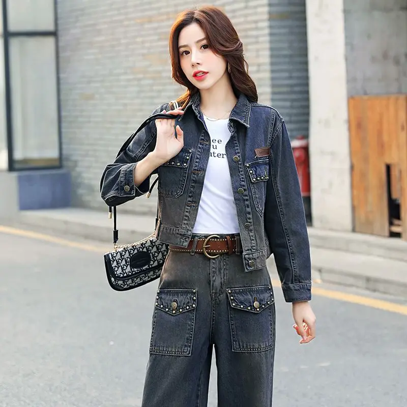 Women's Long Sleeved Denim Coat Suit, Two-Piece Worn Short Jean Jacket, Small Temperament, Fashion, Spring, Autumn, New