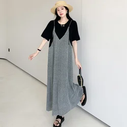 Summer 2025 Women's V-Neck Spaghetti Strap Dress Loose Fit Fake Two-Piece plus Size Simple Elegant Lady Robe K50213