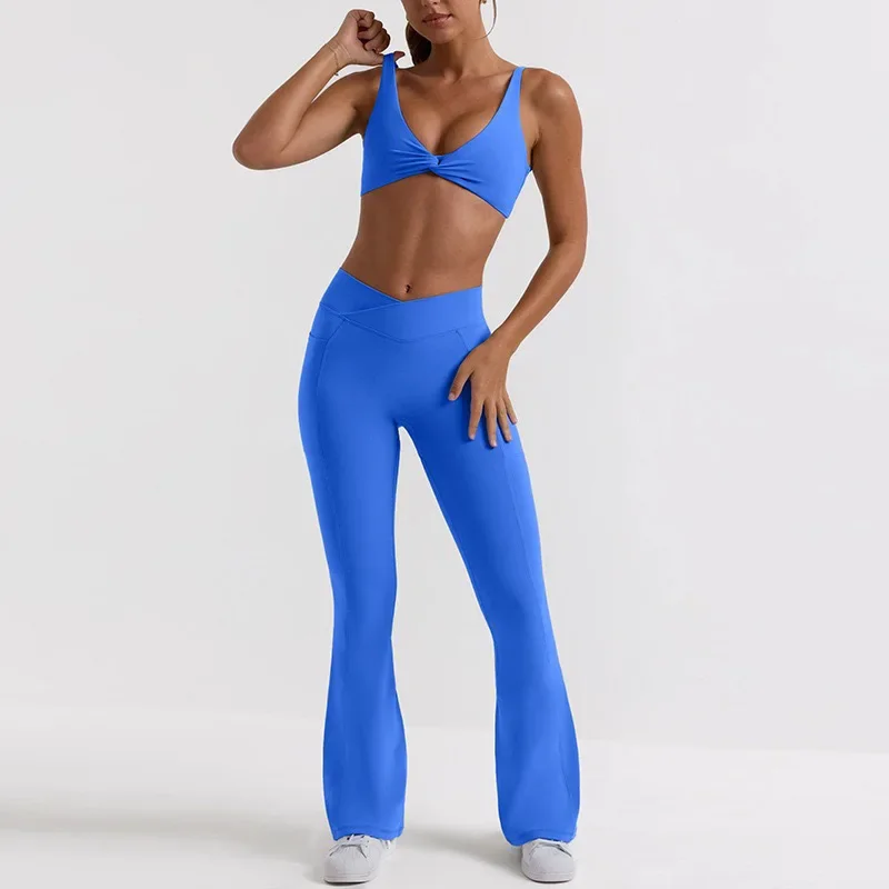 Fato de fitness feminino de duas peças, Yoga Bell Bottoms, sutiã de perna larga, quadril de cintura alta, novo