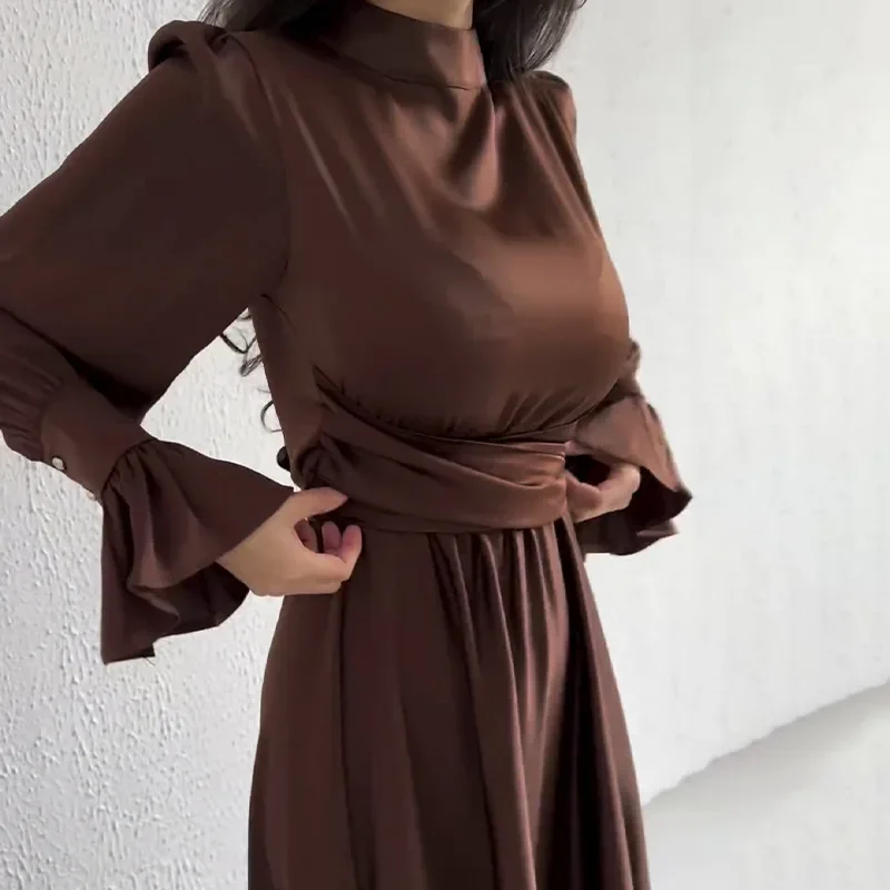 Lotus Sleeve Dress for Women Casual Slim-fit Dress with Belted Waist Abaya Dubai Luxury Turkey Islam Muslim Dress Women Kaftan