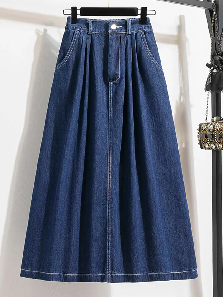 Women's High Elastic Waist Denim Skirt A Line Midi Jeans Skirts Blue Sky Blue Color Korean Fashion, Plus Size, Autumn, New, 2025