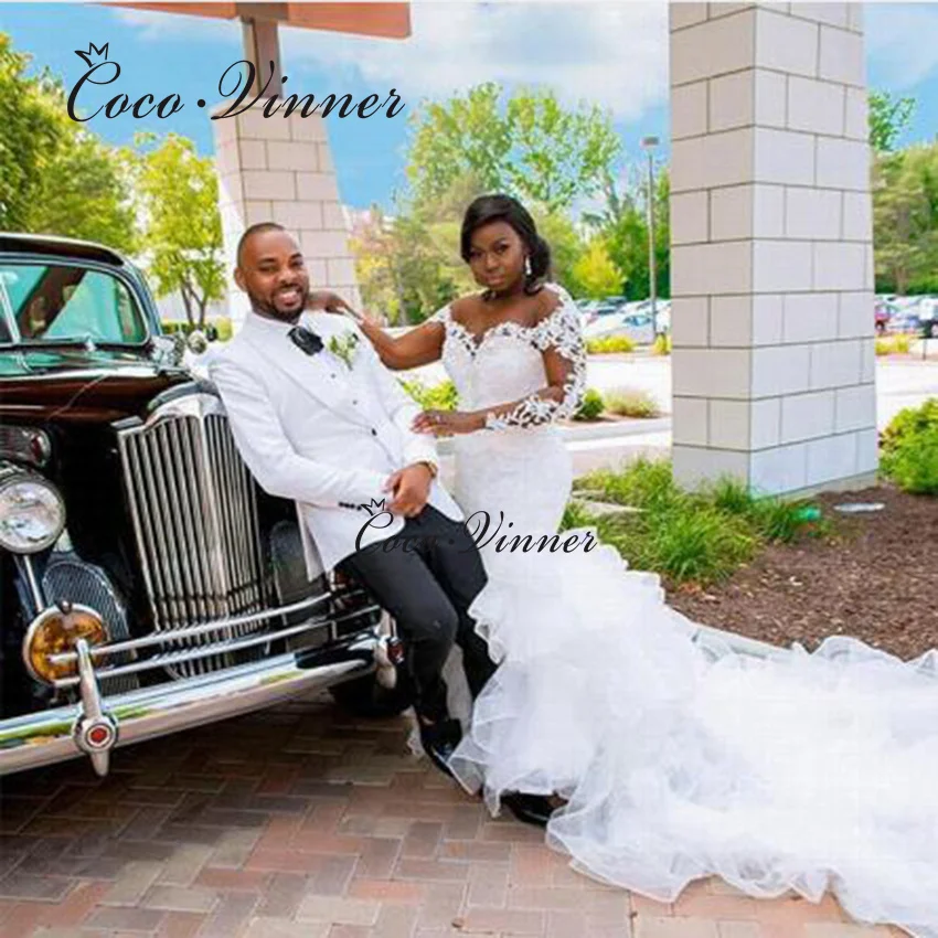 ที่กําหนดเองแขนยาวฉัตร Ruffle รถไฟชุดเดรสเมอร์เมด 2025 ลูกไม้ Appliques ประดับด้วยลูกปัดภาพลวงตาชุดแต่งงาน W0801