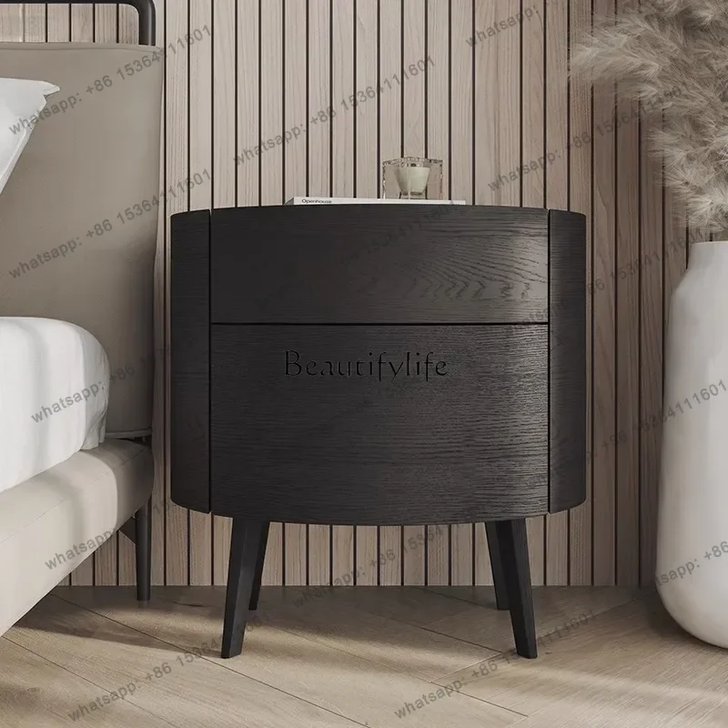 FG Italian Minimalist Oval Stone Plate Bedside Table Modern Minimalist Smoky Storage Cabinet