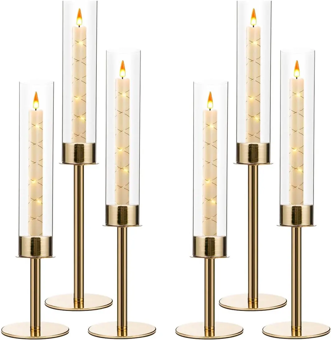 6PCS Acrylic Candle Holder for Table Centerpiece | Metal Tall Candle Holder with Acrylic Lampshade for Wedding, Party, Birthday Decorations (Gold)