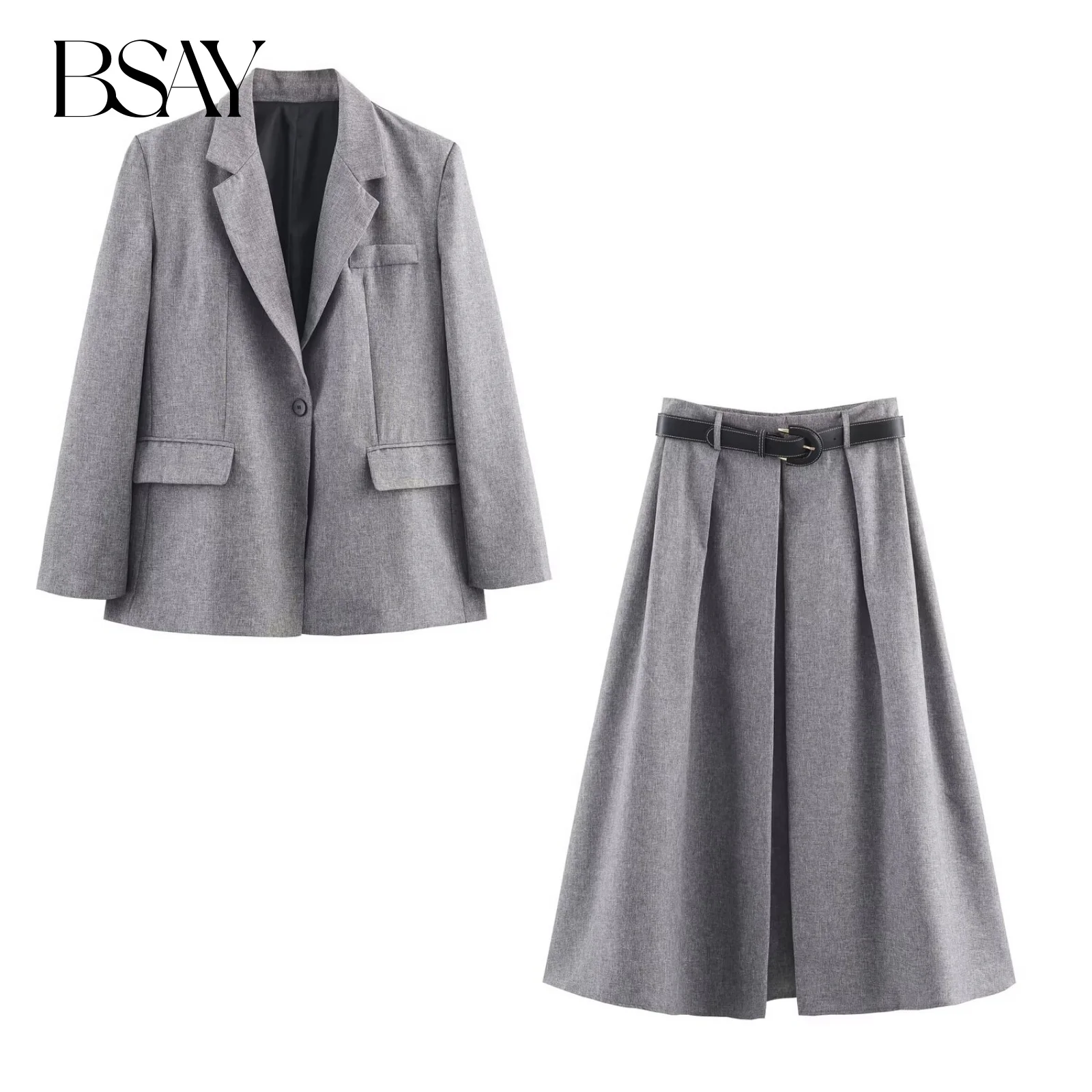 

BSAY комплект из двух предметов для женщин, модный осенне-зимний однобортный пиджак с длинными рукавами, плиссированная юбка-миди с высокой талией и поясом