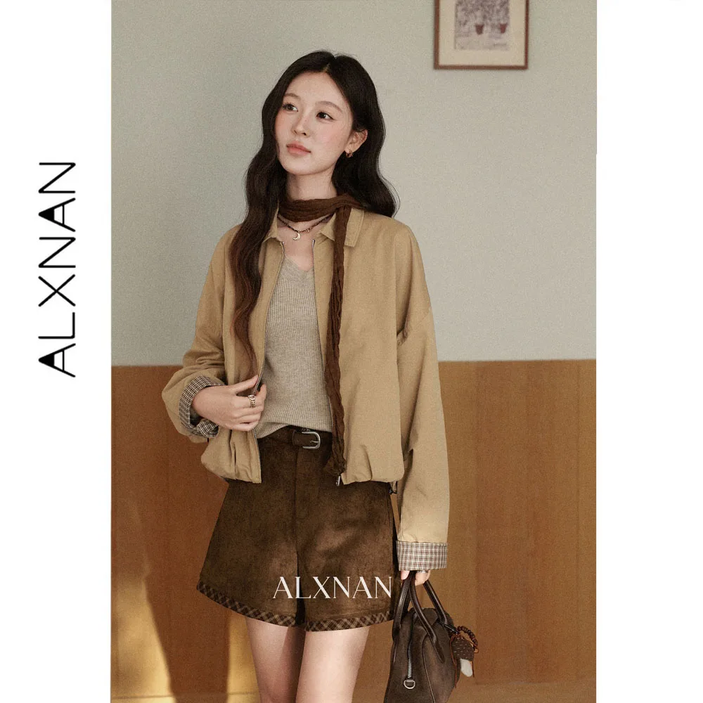ALXNAN Women's Mocha Brown Shorts Plaid Spliced Autumn High Waist A-line Casual Pants Vintage Elegant Casual Short Pants L68026
