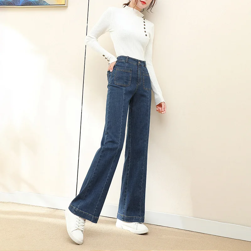 Jean Denim Évasé à Jambes Larges pour Femme, artificiel astique, Taille Haute, Droit, Extensible, Mode, Poches, Printemps, Automne