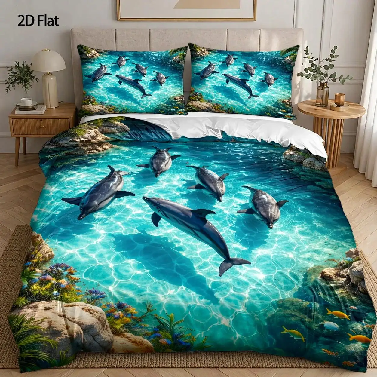 3-Piece Quilt Cover Set, 1 Quilt Cover + 2 Pillowcases (Without Filling) 2D Flat Printing, Tropical Ocean Dolphins Swimming, Ultra-Realistic Style, Summer, Refreshing, Dust-Proof, Suitable for All Seasons, Machine Washable, for Home, Dormitory, Master Bedroom, Guest Room Use