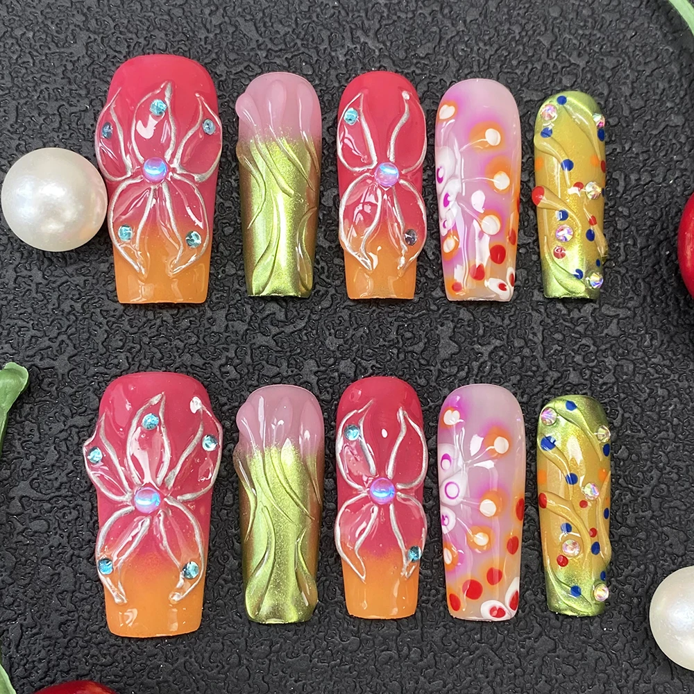 

Эксклюзивный дизайн Y2K: роскошные накладные ногти-балетки, 10 шт., толстые, многоразовые, 30 мм, глянцевые, с резным узором, для маникюра