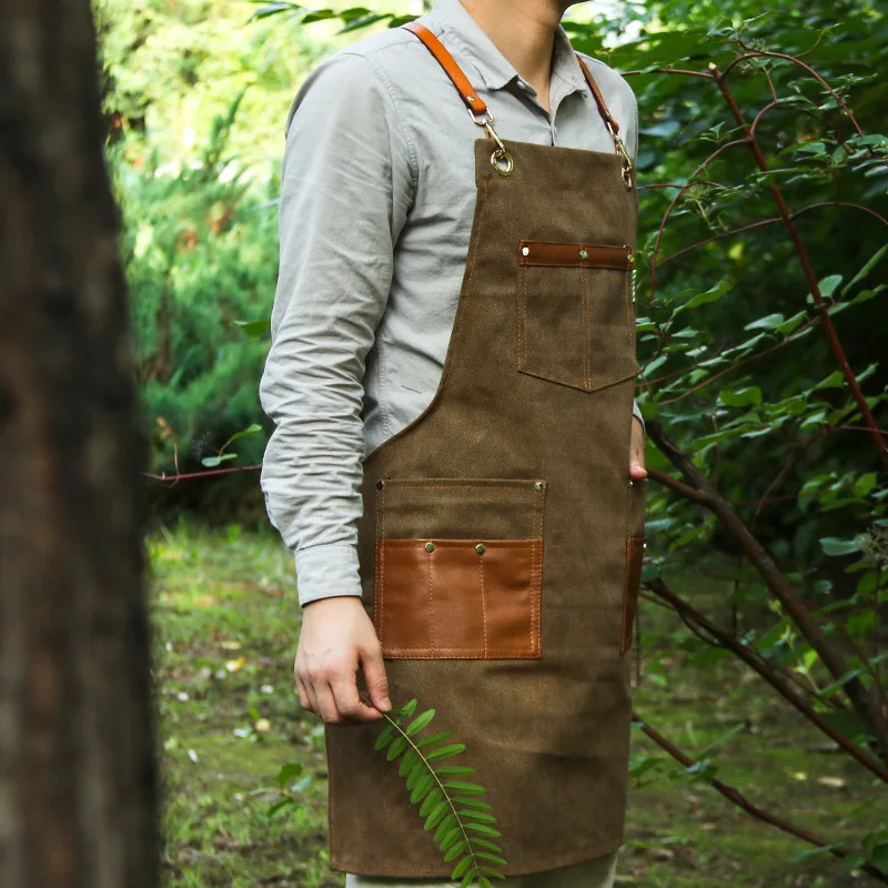 Multi-Pocket Canvas Apron Leather Patchwork Kitchen Apron Men's and Women's Workwear Baking Flower Shop Restaurant Waiter