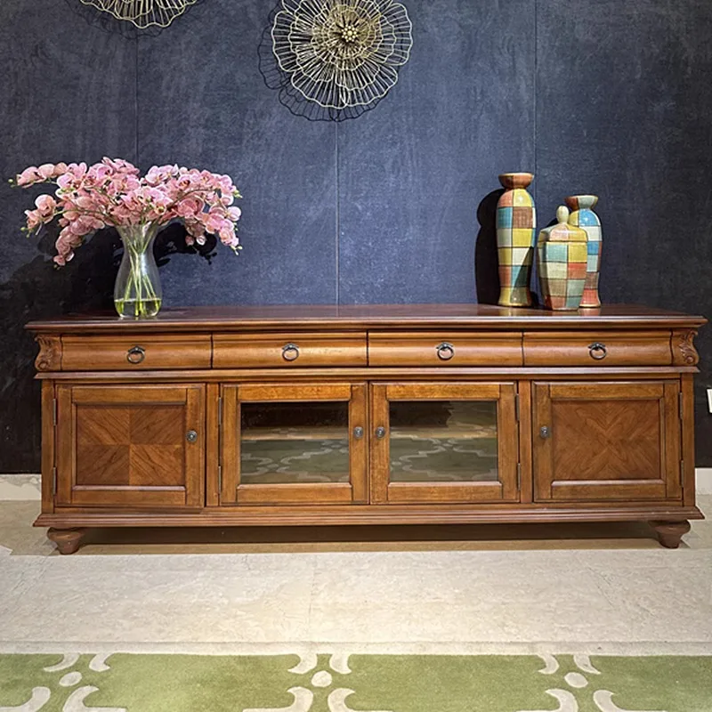 American retro solid wood carving flower TV cabinet French country antique living room locker floor cabinet