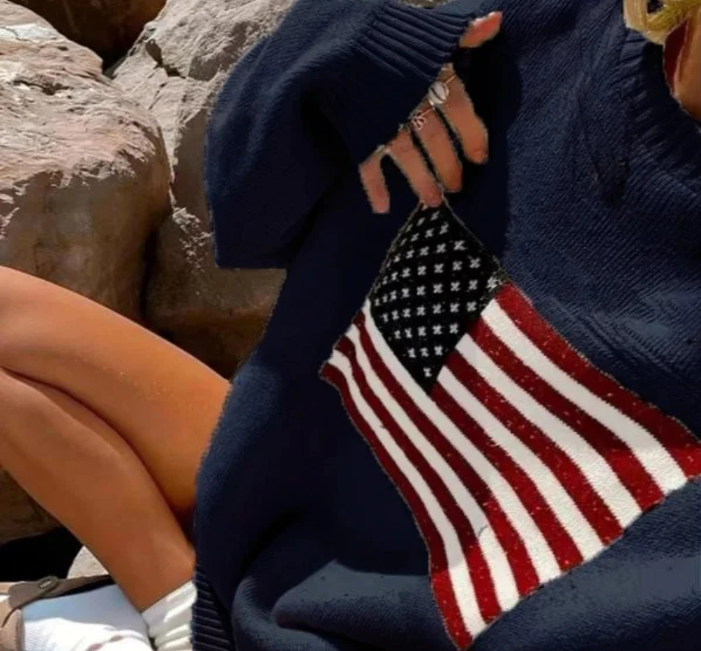 الخريف الشتاء الدافئة محبوك القمم المرأة سترة لاعبا الأبيض لينة العلم نمط عادية فضفاض كم طويل البلوز البلوزات #6