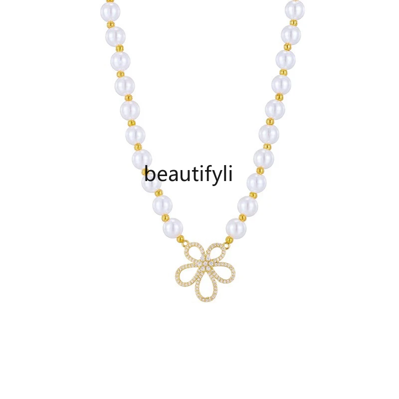 

Light luxury rhinestone flower pearl necklace women's high sense collarbone chain accessories neck chain