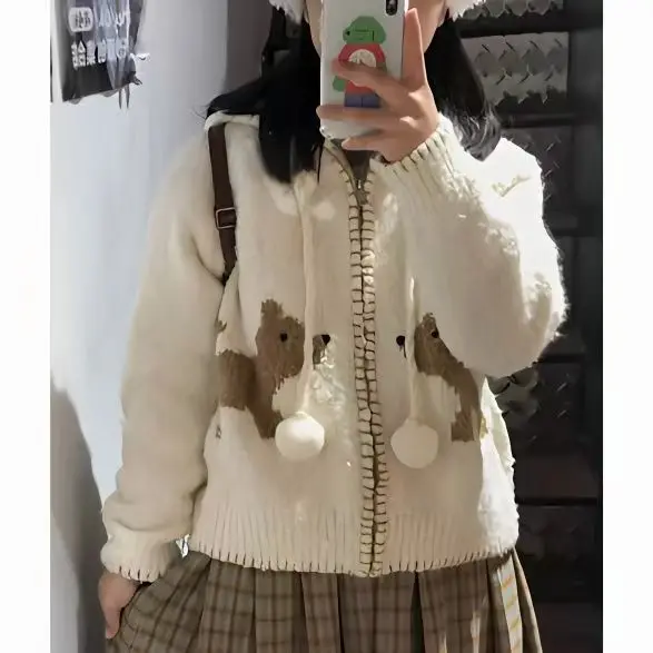 

Vintage Cute Cardigan Cartoon Print Sweater Women Loose Kawaii Long Sleeve Knitted Hooded Sweater Jacket Preppy Style Sweet Top