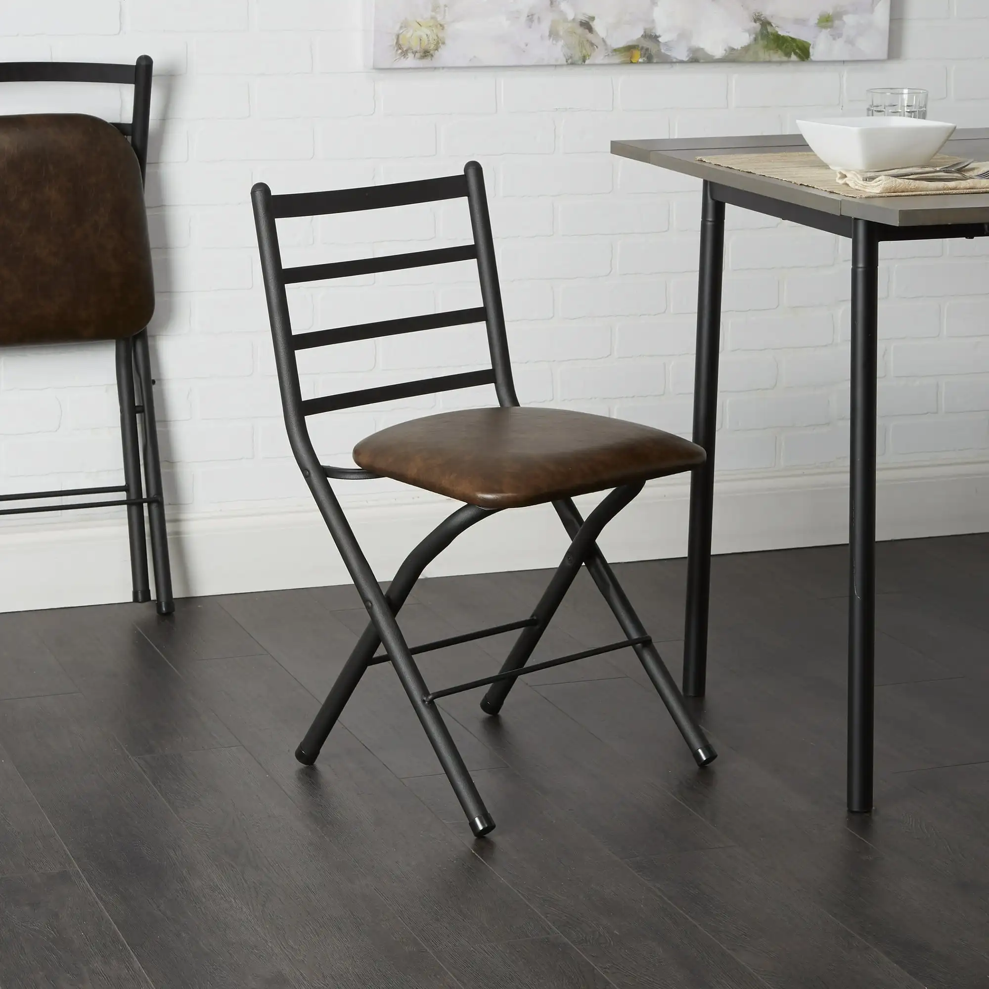 

Indoor Black Folding Slat Chair with Brown Vegan Leather Seat
