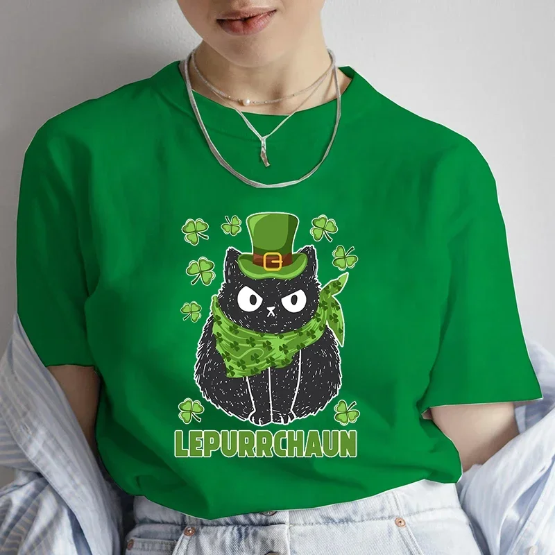 T-Shirt Women Summer Vintage T Shirt Cute Black Cat with Leprechaun Hat Funny Graphic Tees Hippie Tshirts