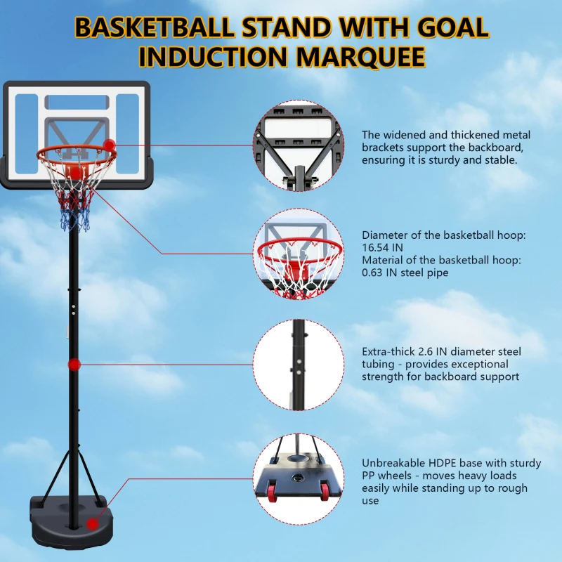 Portable Basketball Hoop for Youth Adults & Kids,Adjustable Height 6.89 ft to 10.01 ft,34 inch Backboard with Rebound System, In