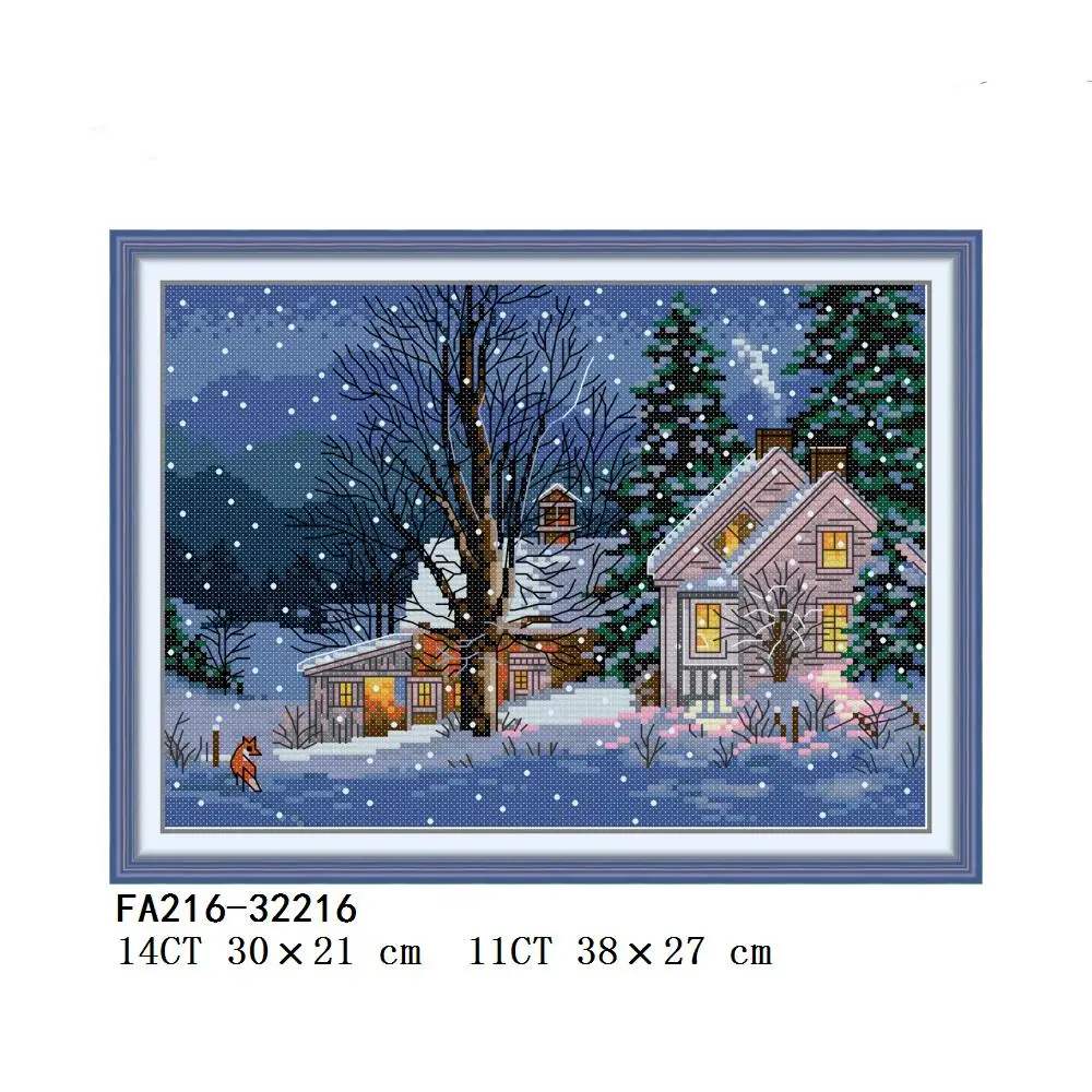 Warm Winter Christmas Eve in Town for Church, Snowy Night, Rural Snow Night, Cross Stitch, FA181, FA197, FA198, FA213, FA216