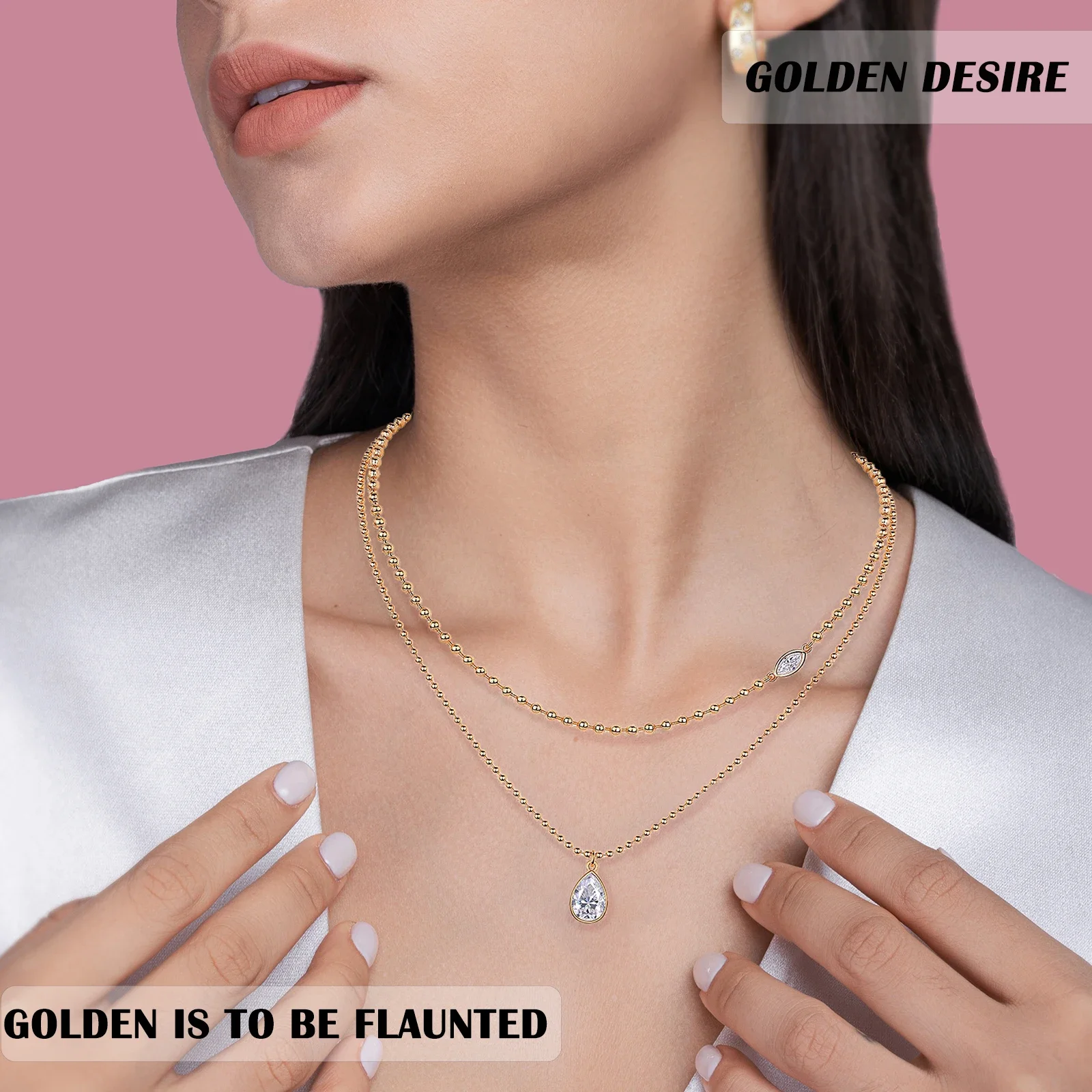 3.5ctw Double Layer  Necklace with Moissanite Teardrop and Marquise Cut Pendants – 18K Gold Plated S925 Silver Jewelry for Women