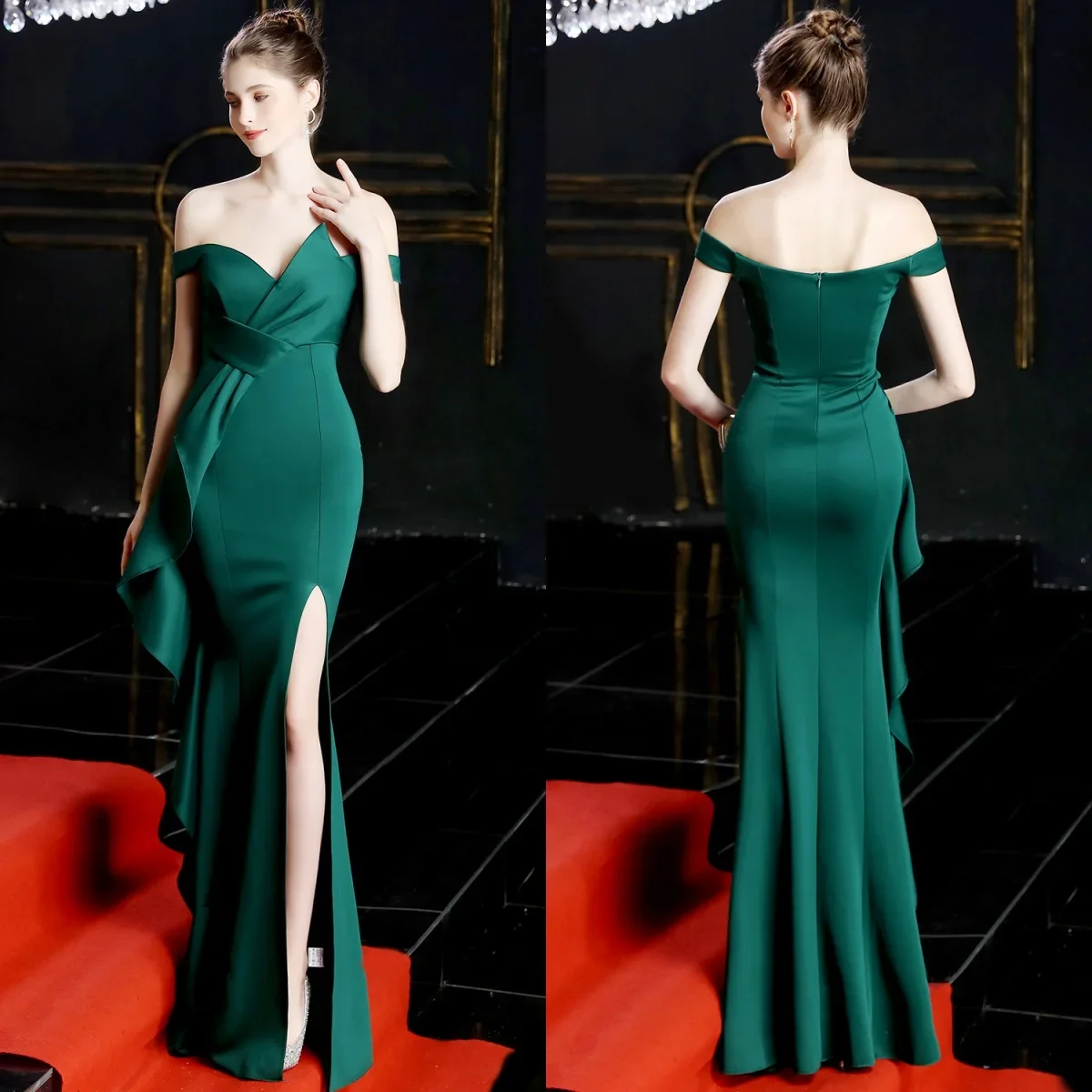 

Evening Dresses Green Stretchy Off the Shoulder Ruffles Zipper Back Mermaid Trumpet Floor Length Women Party Formal Gowns YE002