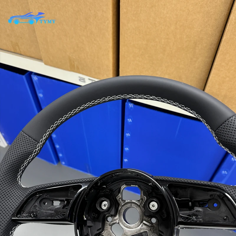 For Audi RS3 RS4 RS5 A3 A4 B9 A5 S3 S4 S5 2017-2020 flat-bottom sports perforated leather steering wheel, white stitching view 4
