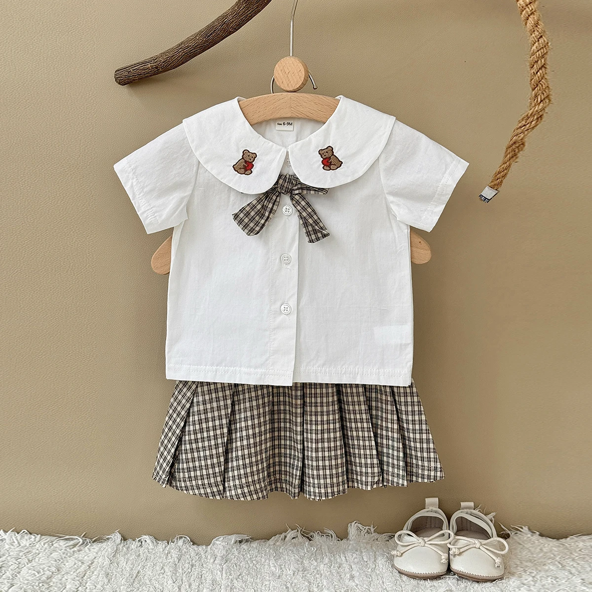 Summer Girls Cotton  Turn Down Collar Infant Bear Embroidery  Short Sleeves+ Baby Girl Pleated Skirt Set 0-3Y