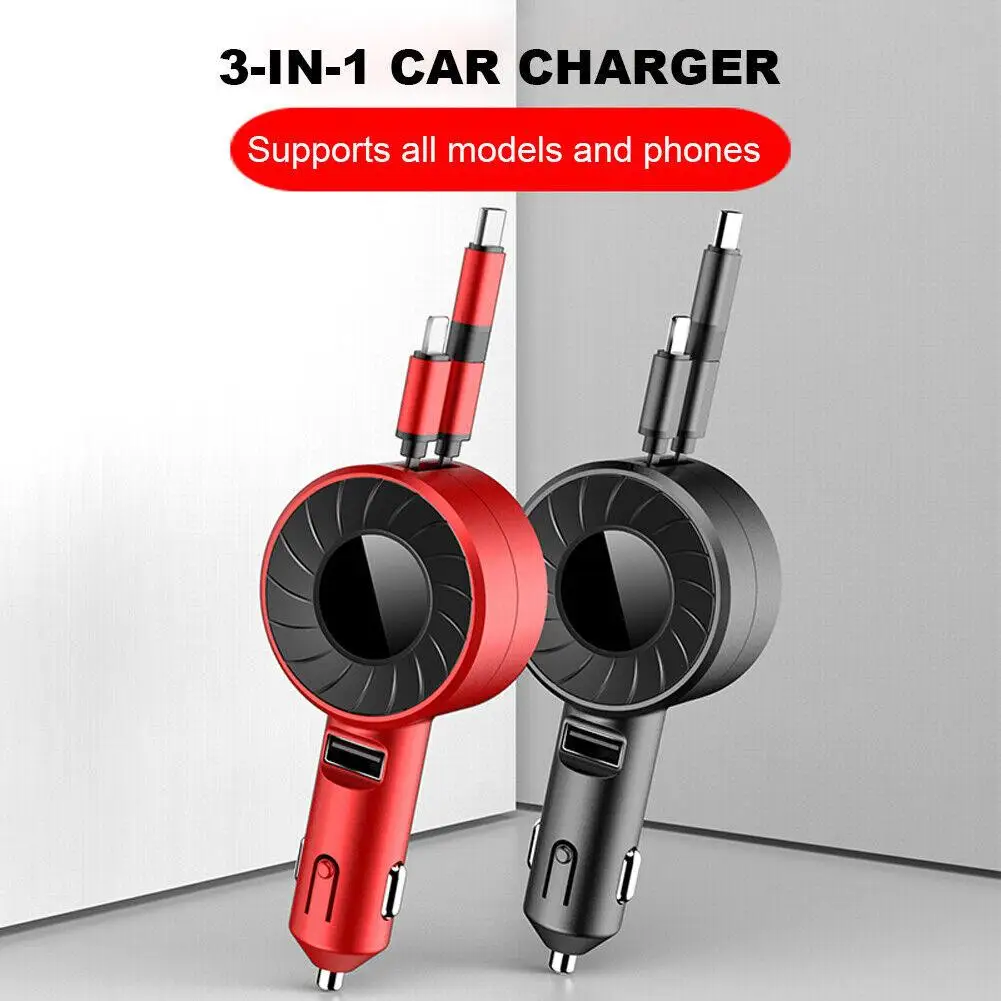 

3 in 1 Car Charger USB Cable Retractable Fast Charger Adapter USB Type C Car Quick Charger Micro USB for Samsung iPhone W2I1