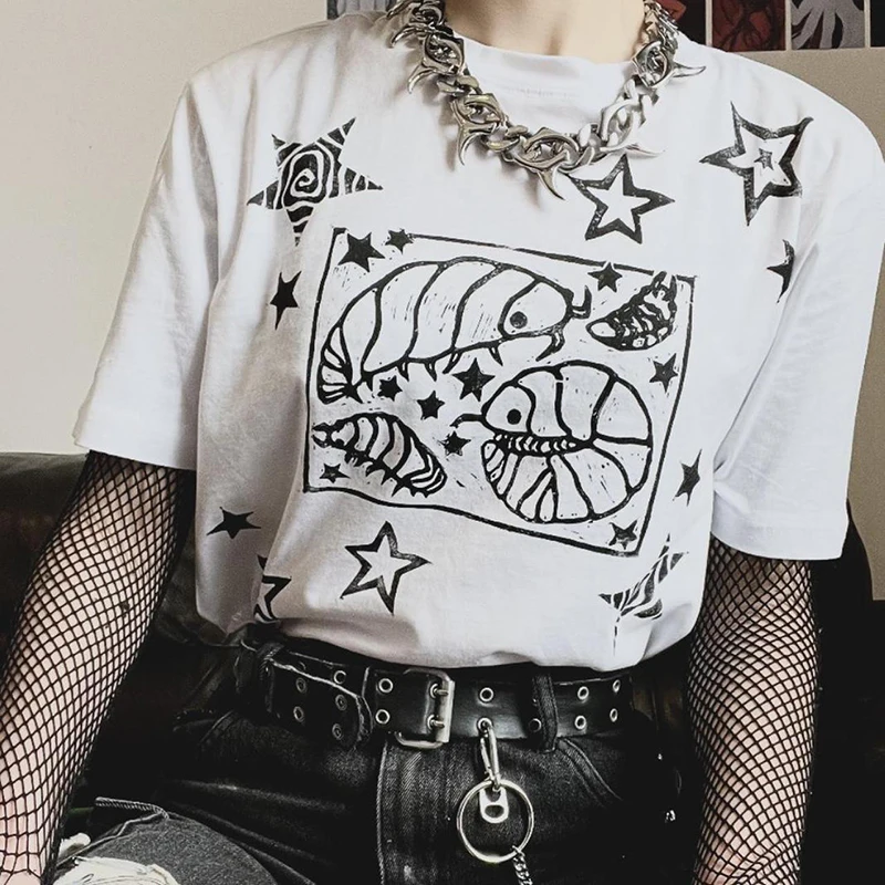 Harajuku Aesthetics E-girl Graphic Print Y2K Crop Top Vintage Punk Tee Casual Streetwear Short Sleeve T-shirt Summer Top Hip Hop