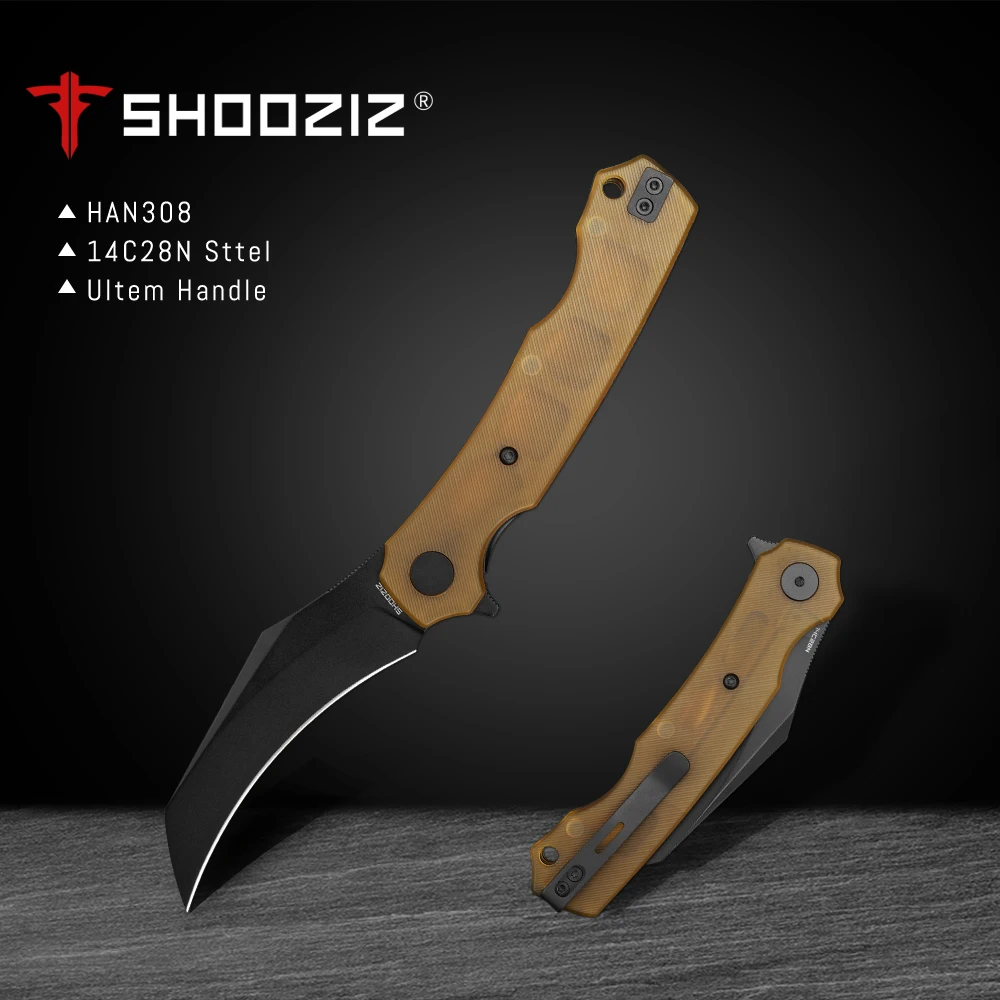 Coltello EDC tascabile Shooziz per uomo, coltello pieghevole Pikal e Ultem/G10, lama ribaltabile Hawkbill in acciaio da 3,15" 14C28N - HAN308