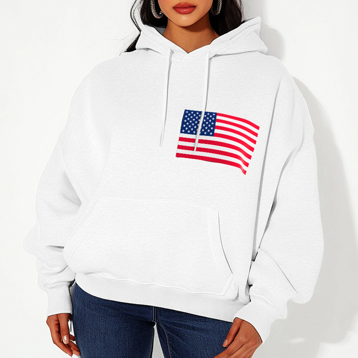 Mia Muse Women'S Hoodies Winter Fashion White Usa Flag Long Sleeve Pull Over Hoodie Loose Casual Hoodies