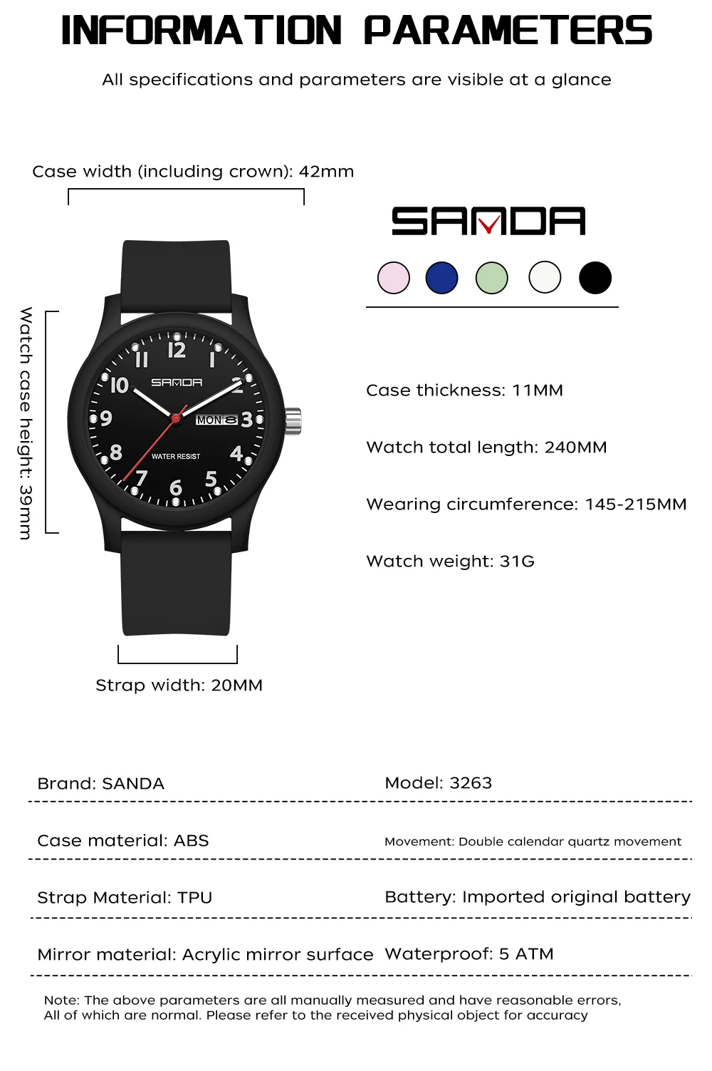 SANDA 3263 Fashion Casual Men Watch Silicone Strap Waterproof Luminous Clock Unisex Wristwatch Date Week Sport Man Watches