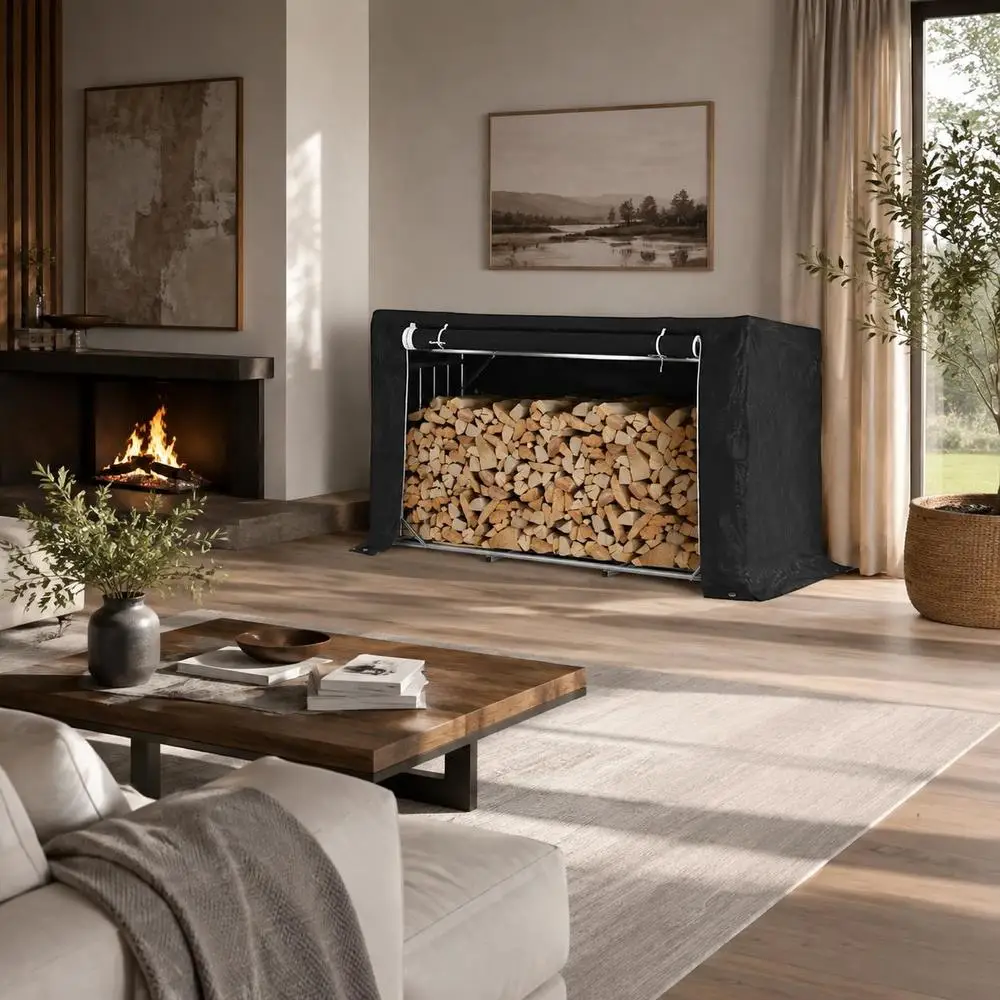Étagère à bois de chauffage en acier galvanisé 200,5 x 80,5 x 110,5 cm avec couvercle de protection à fermeture éclair, base surélevée pour une circulation optimale de l'air, support stable pour bois de chauffage dans le salon, la terrasse et ailleurs.