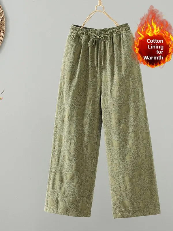 2025 جديد غير رسمي الفني واسعة الساق سراويل قطنية عالية الخصر الحرارية المرأة حجم كبير التخسيس مستقيم الساق بنطلون