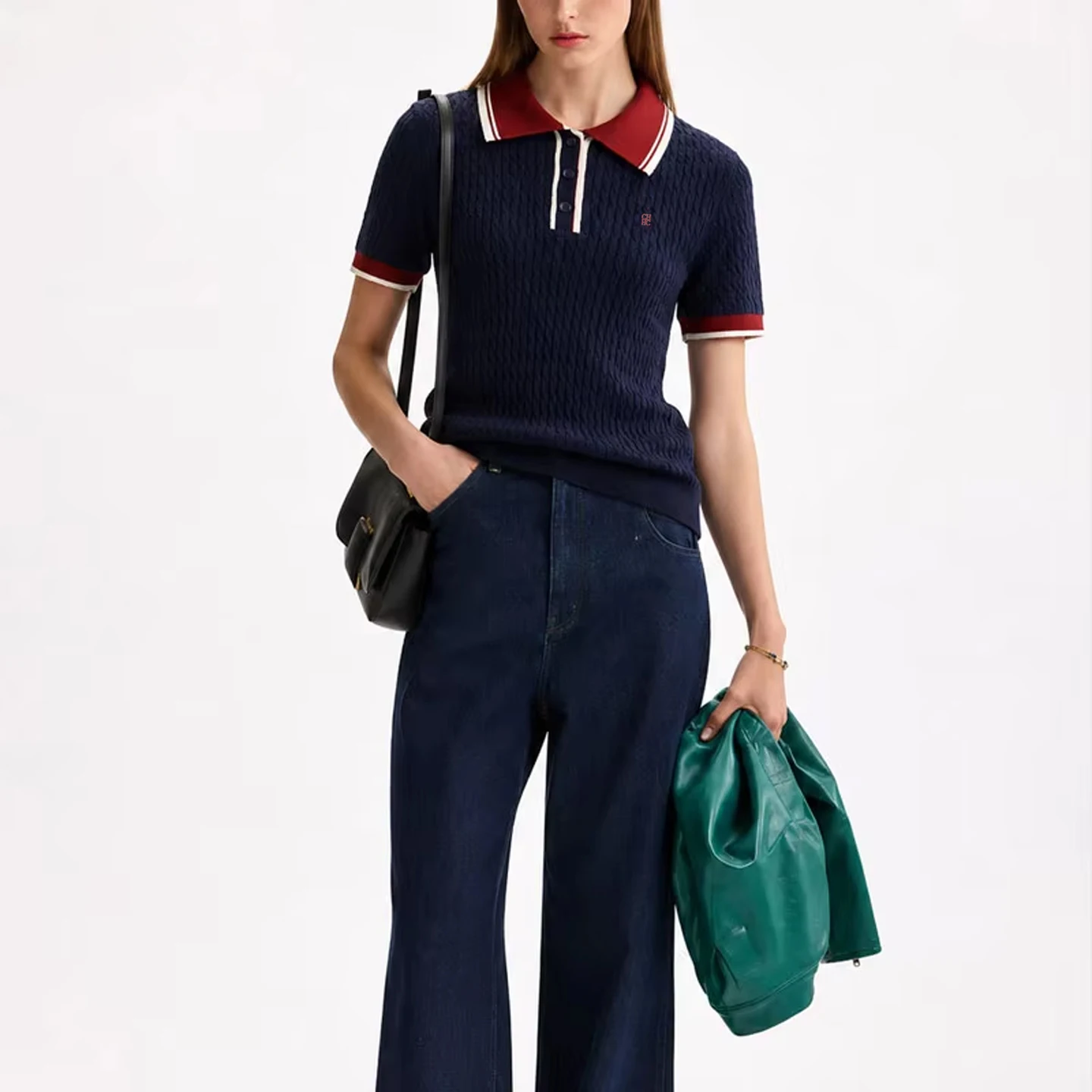 CH Damen Strick-Poloshirt Kurzarm Zopfmuster Besticktes Logo Kontrastkragen Lässiges Elegantes Sommer-Oberteil – Detail 3
