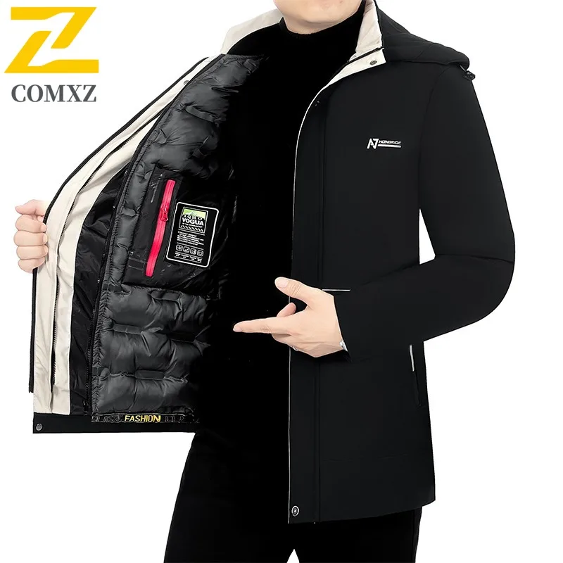 COMXZ2025 Men Winter Puffer Jacket Detachable Business Waterproof Hood Fleece Lined Casual Outdoor Sport Windproof Workwear Coat