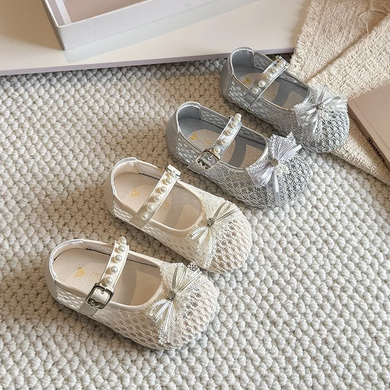 

Children's Pearl Bow Princess Flat Shoes Soft Sole Summer New Breathable Mesh Comfortable Children's Shoes Fashion Girls Shoes