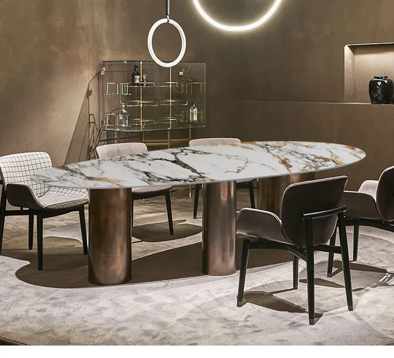 Designer bright minimalist slate dining table and chair combination, simple modern light luxury high-end oval dining table