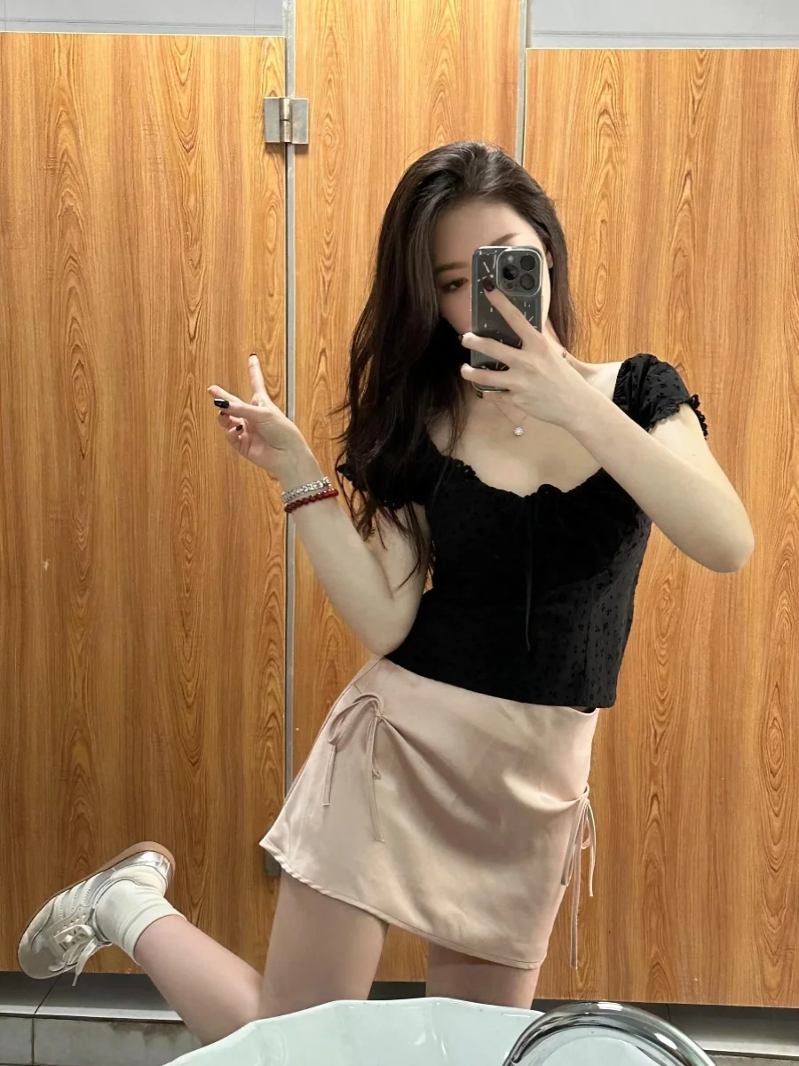 

plus Size Women's Pure Desire Bubble Sve Top And f Skirt Set Summer Knot Two Piece Set Korean Sle High Wais...