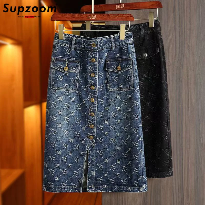 Supzoom nova chegada amor jacquard estilo ocidental saia jeans para mulheres design casual e versátil saia quadril dividida