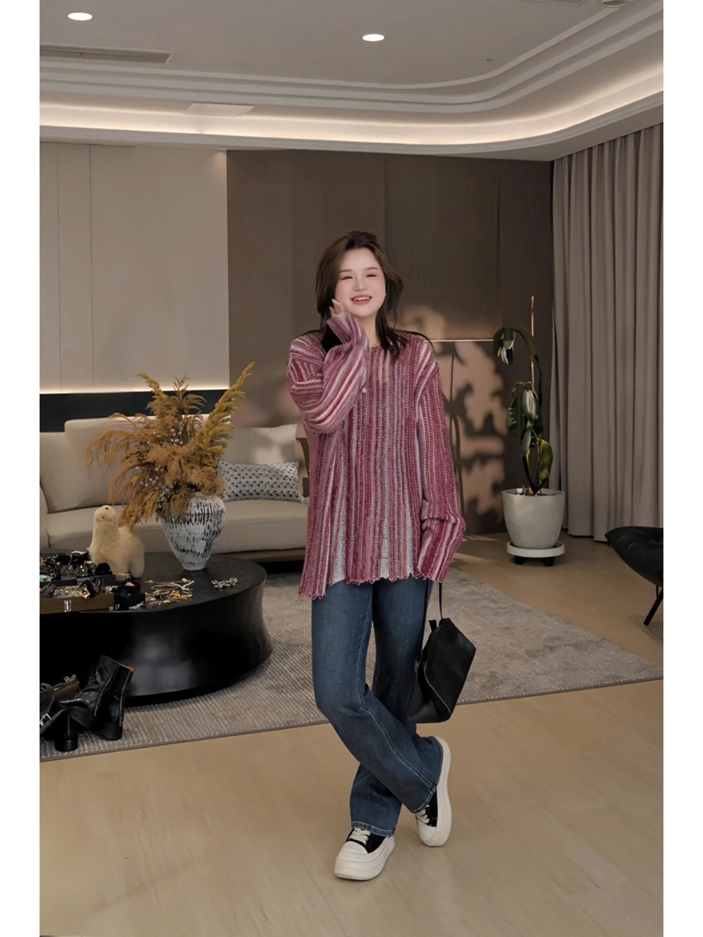 

JoJo Private Label Hollow out Texture plus Size Autumn Long Sve Top for Slightly Plump Women Casual Loose Fit Knitwear