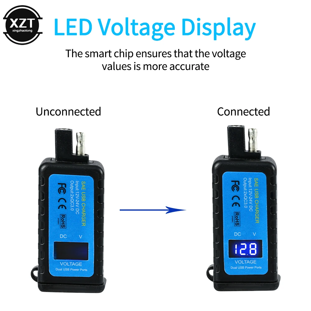 SAE To USB Adapter with Voltmeter Display Motorcycle Waterproof Dual USB QC3.0 Charger for Smart Phone Tablet GPS