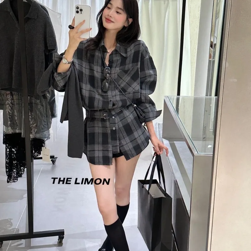 韓国風オールマッチングベルトチェック柄レトロアーティスティックシャツ女性用秋の新ホットスタイル痩身