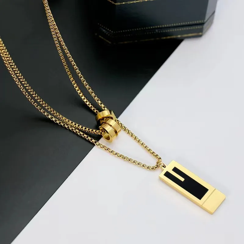 LATS Double-layer Square Pendant Stainless Steel Necklace for Womens Gold Color Exquisite Sweater Chain 2023 New Fashion Jewelry