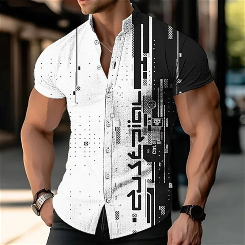 2024 Men\'s short -sleeved shirt pattern printing geometric stand -up collar white outdoor street fashion clothing designer