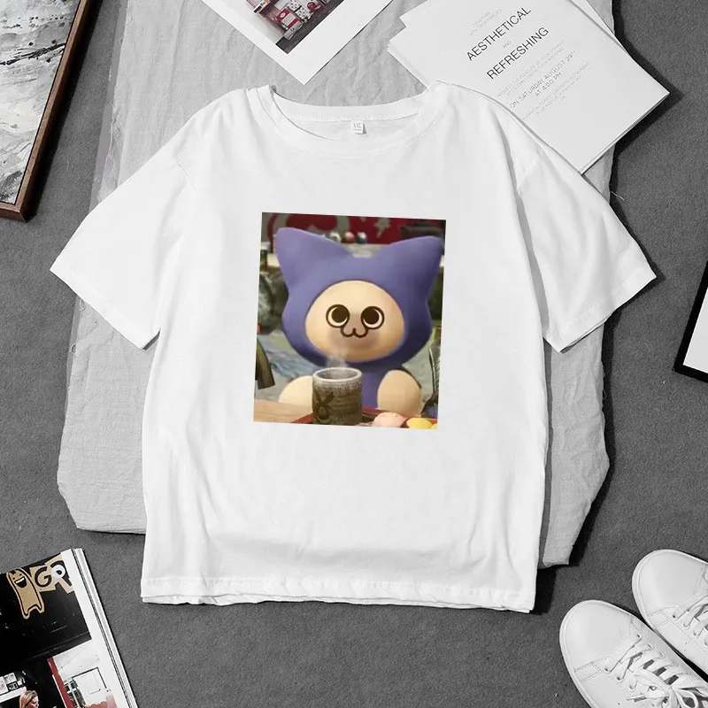 Spring And Summer Fallow Clothing Cute And Funny Kitty Cartoon Round Neck Short Sleeve Loose T-shirt Tops