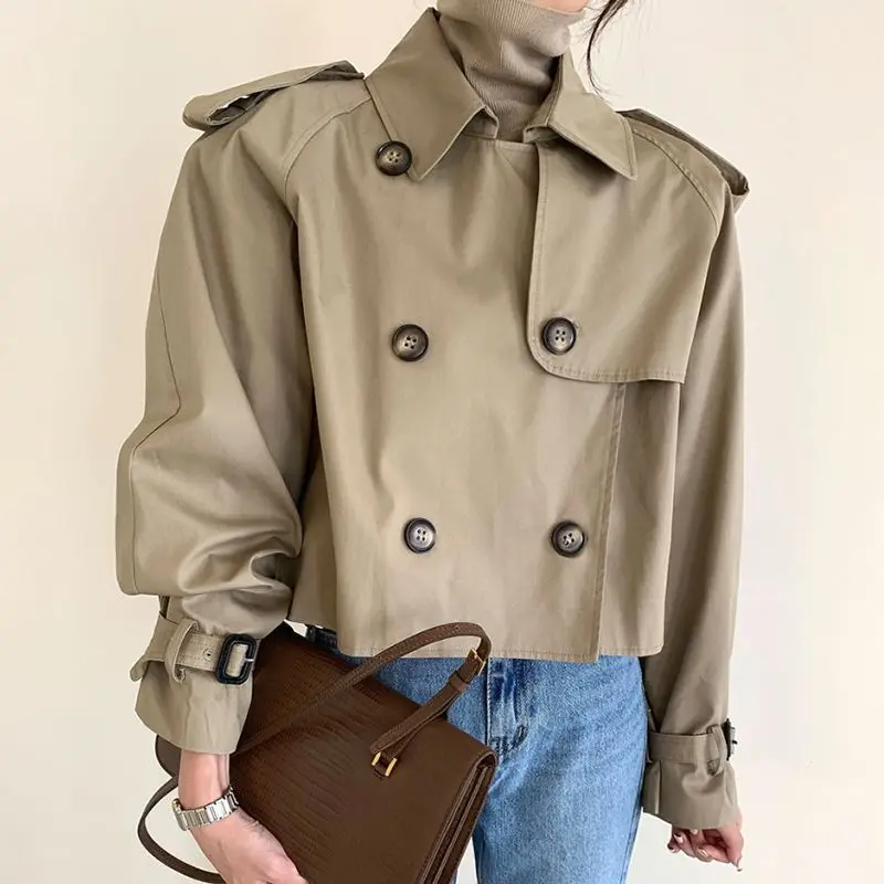 

Vintage Double Breasted Trench Jackets Women Loose Chic Office Lady Crop Tops Autumn Female Coats All-match Loose Windbreaker